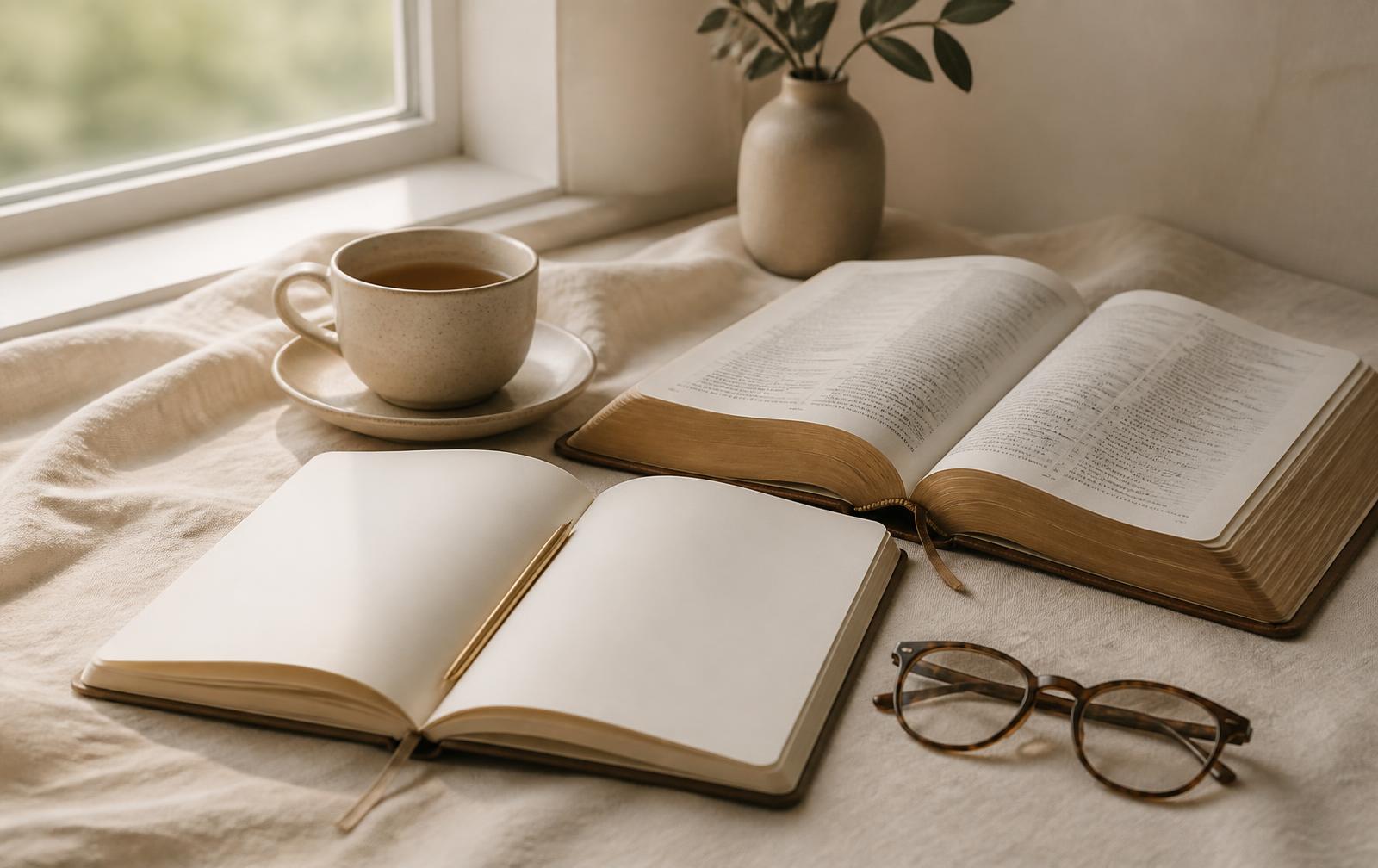 Un carnet ouvert, une Bible et une tasse posés près d'une fenêtre